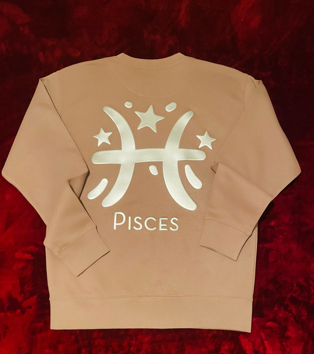 Fallon Aurielle Unisex Signature Pisces Logo & Name Zodiac Crewneck Sweater (Tan & Silver)