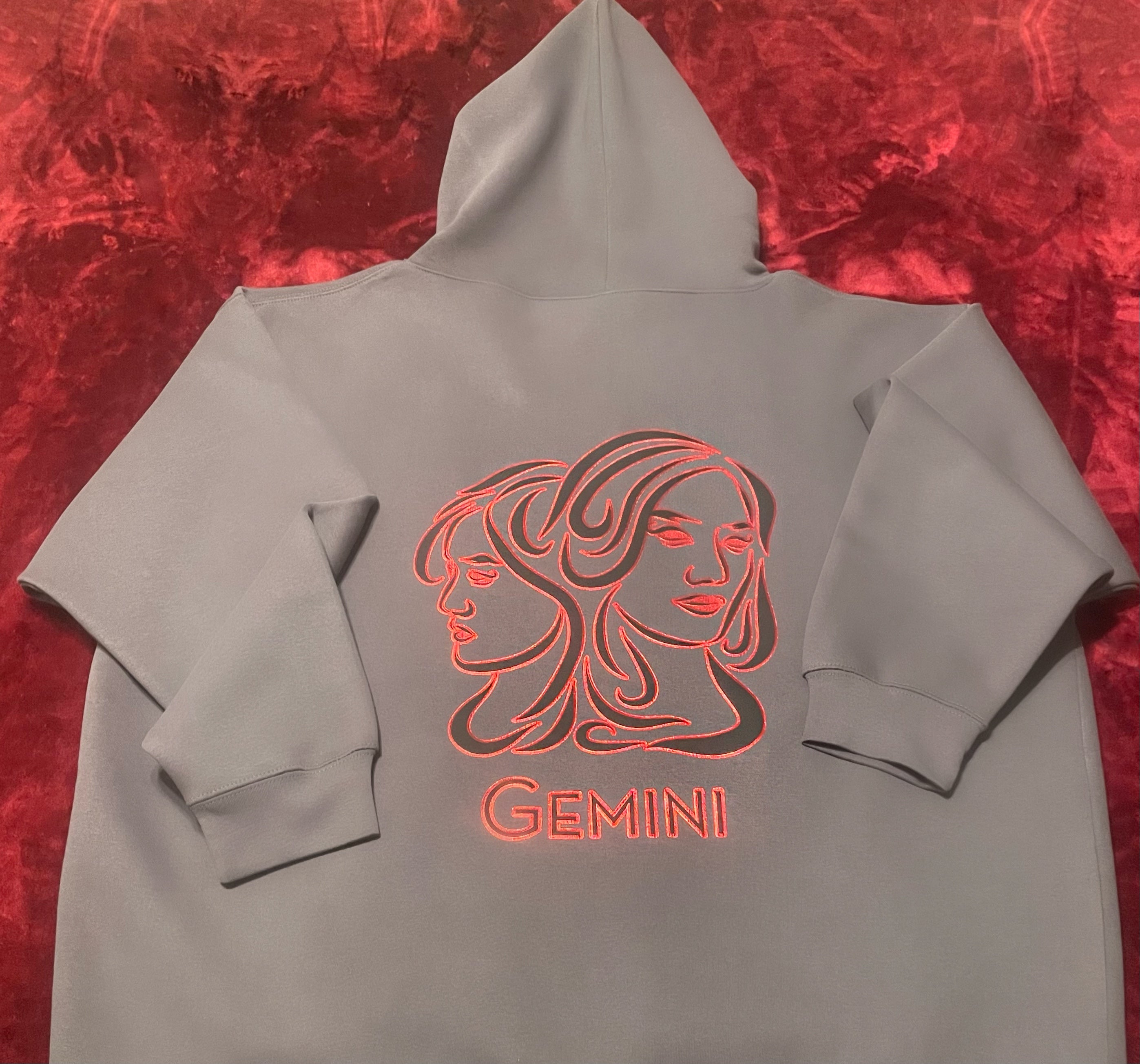 Fallon Aurielle Unisex Signature Gemini Twins Logo & Name Zodiac Hoodie (Charcoal Gray, Black & Red)