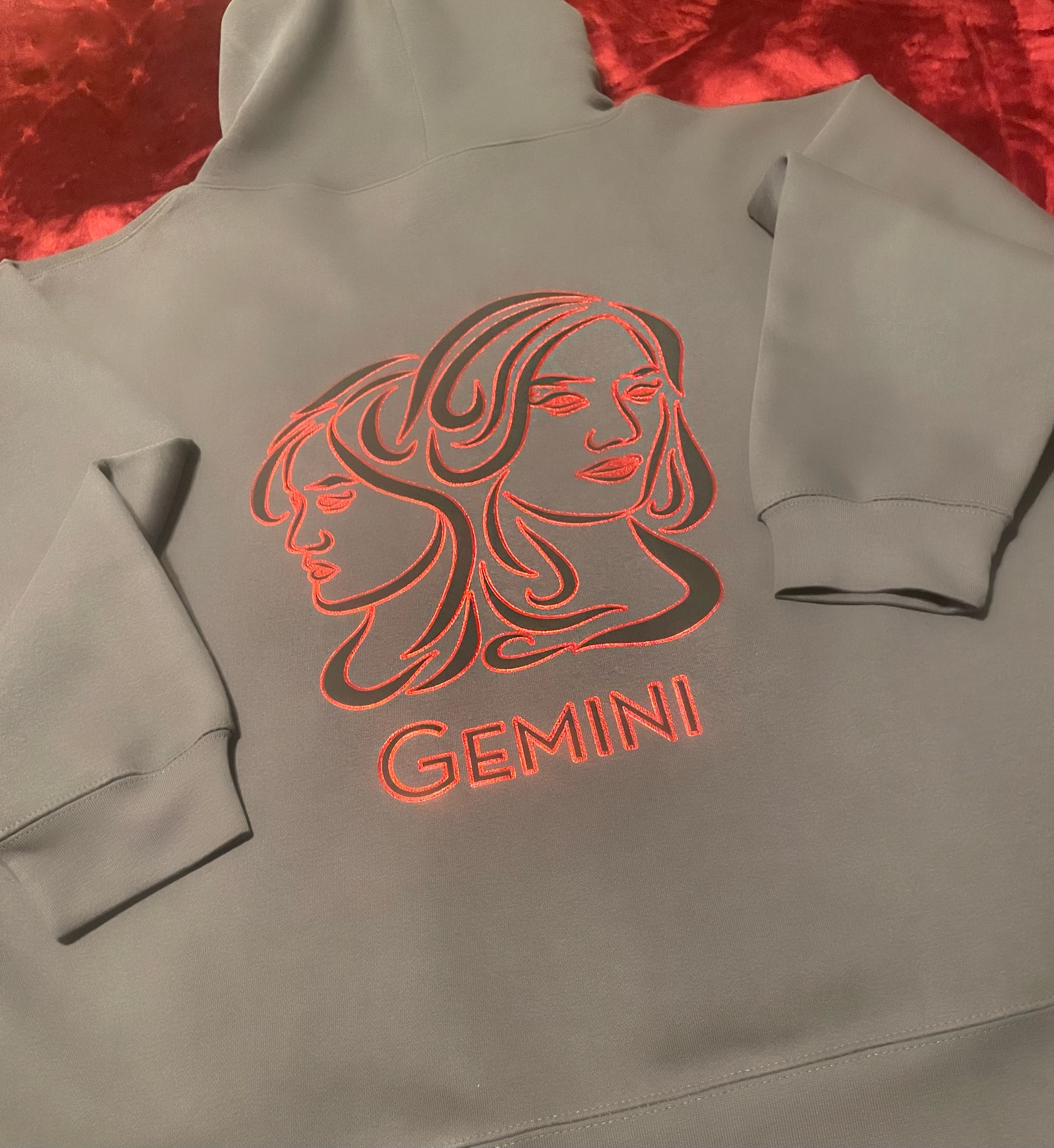 Fallon Aurielle Unisex Signature Gemini Twins Logo & Name Zodiac Hoodie (Charcoal Gray, Black & Red)