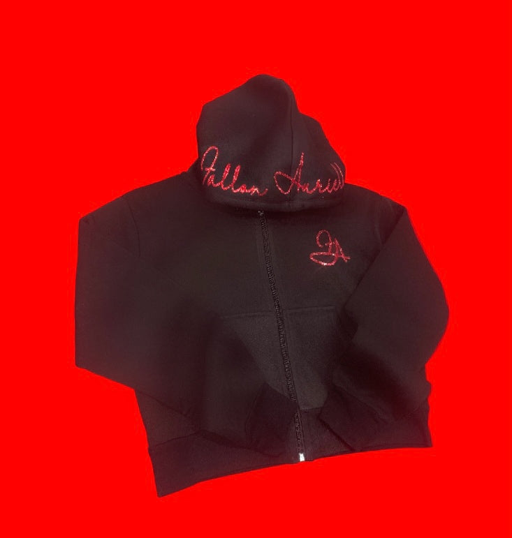Fallon Aurielle Signature Classic Cropped Zip Hoodie Tennis Skirt Set (Black & Red Sparkle)