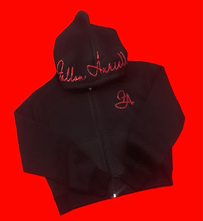 Fallon Aurielle Signature Classic Cropped Zip Hoodie Tennis Skirt Set (Black & Red Sparkle)