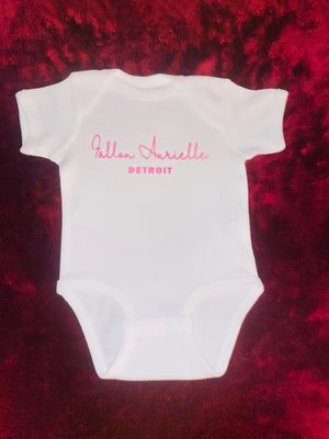Fallon Aurielle Baby Unisex Signature Detroit Onesie (White & Neon Pink)