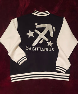 Fallon Aurielle Unisex Signature Sagittarius Logo & Name Zodiac Jacket (Black, Metallic Silver & Cream)