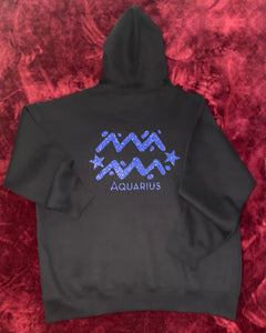 Fallon Aurielle Unisex Signature Aquarius Logo & Name Zodiac Hoodie (Black & Purple Sparkle)