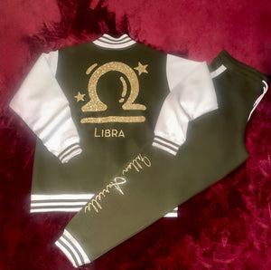 Fallon Aurielle Unisex Signature Libra Logo & Name Zodiac Jacket Jogging Set (Olive Green, Gold & Cream)