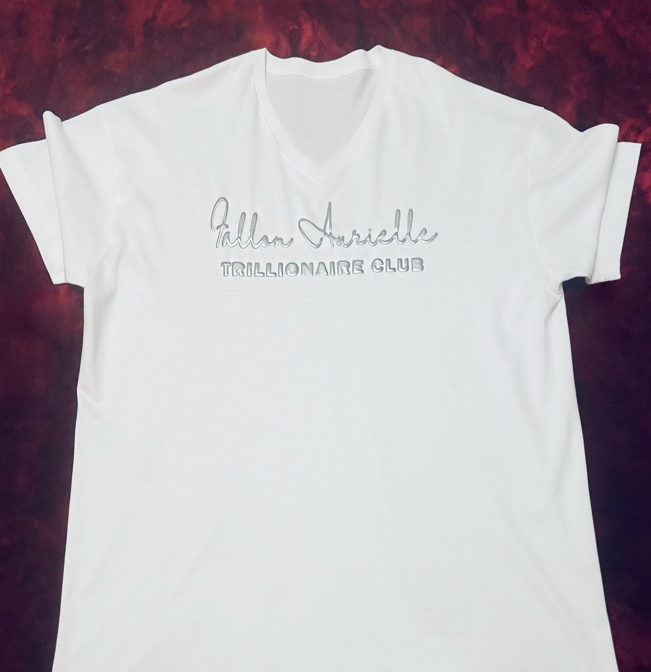 Fallon Aurielle Unisex Signature V-Neck Trillionaire Club T-Shirt (White & Silver)