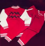 Fallon Aurielle Unisex Signature Aquarius Logo & Name Zodiac Jacket Jogging Set (Red, Black Sparkle & White)