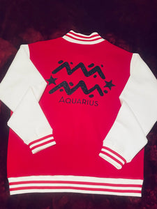 Fallon Aurielle Unisex Signature Aquarius Logo & Name Zodiac Jacket (Red, Black Sparkle & White)
