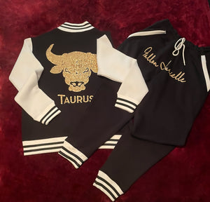 Fallon Aurielle Unisex Signature Taurus Zodiac Jacket Jogging Set (Black, Antique Gold & White)