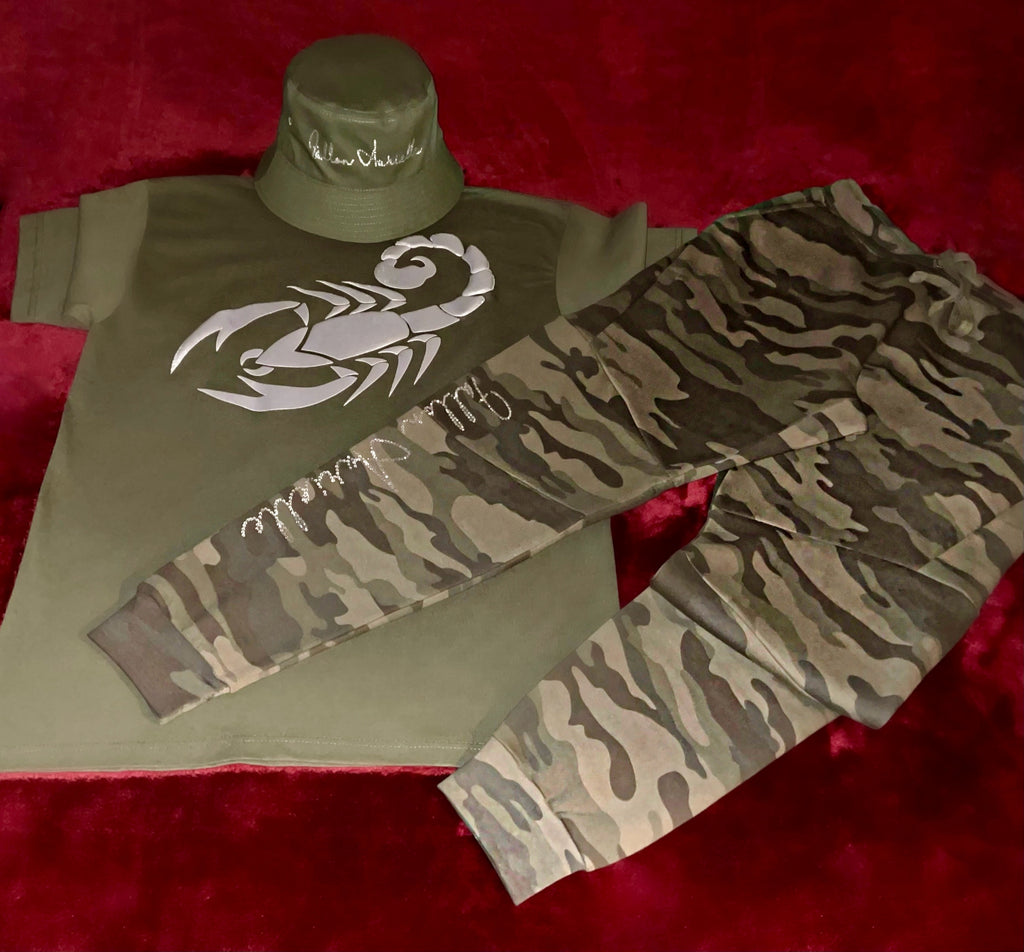 Fallon Aurielle Unisex Signature Scorpio Scorpion Logo Zodiac Jogger Set (Olive Green, Silver Rhinestone & Camouflage)