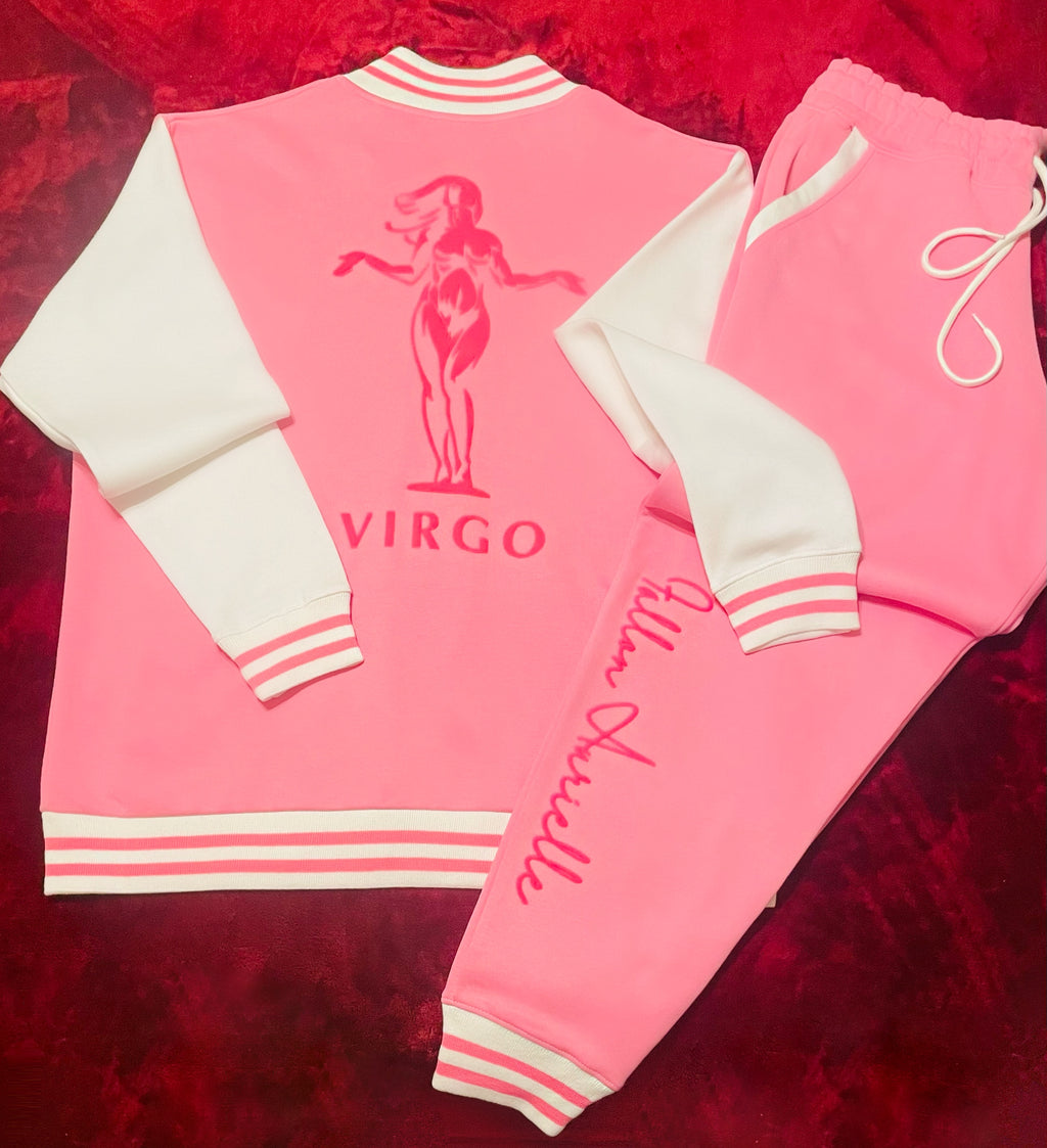 Fallon Aurielle Unisex Signature Virgo Virgin Woman Logo & Name Zodiac Jacket Jogging Set (Pink, White & Neon Pink)