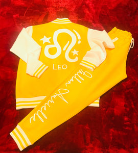 Fallon Aurielle Unisex Signature Leo Logo & Name Zodiac Jacket Jogging Set (Mustard Yellow & White)
