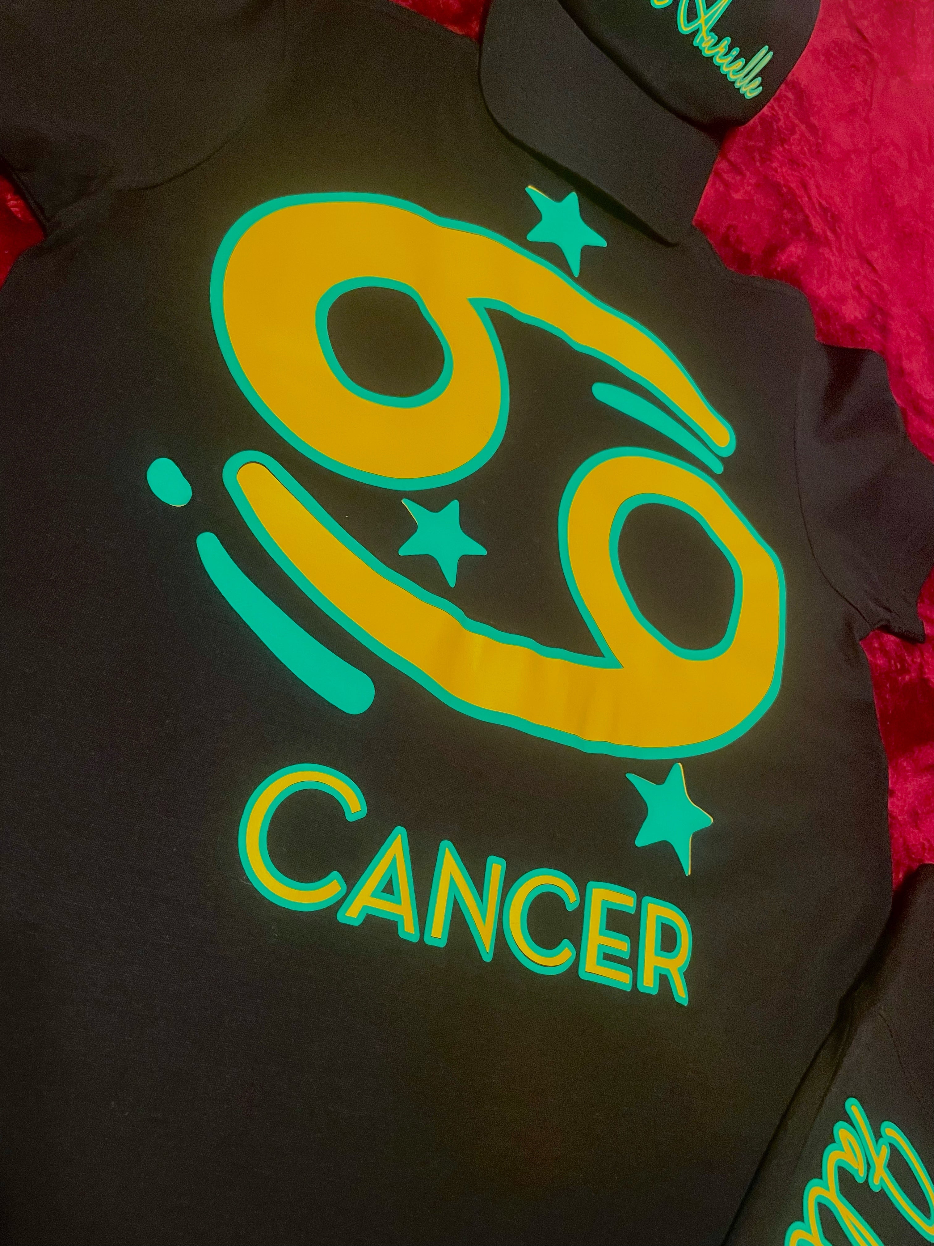 Fallon Aurielle Unisex Signature Cancer Logo & Name Zodiac T-Shirt (Black, Green & Golden Yellow)