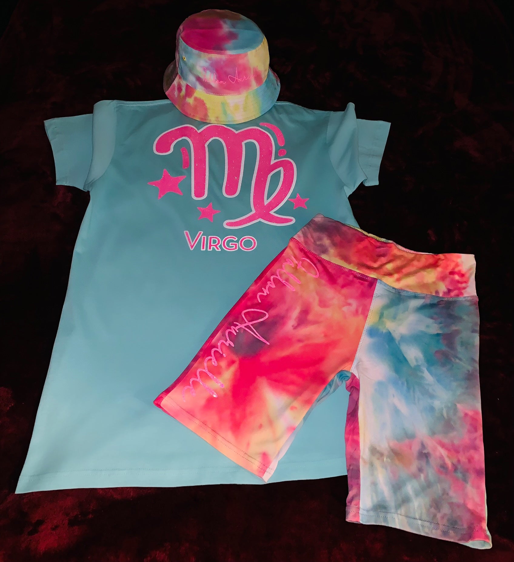 Fallon Aurielle Signature 3 Piece Virgo Logo & Name Zodiac Biker Short Set (Turquoise, Pink Sparkle & Mermaid Color Tie Dye)