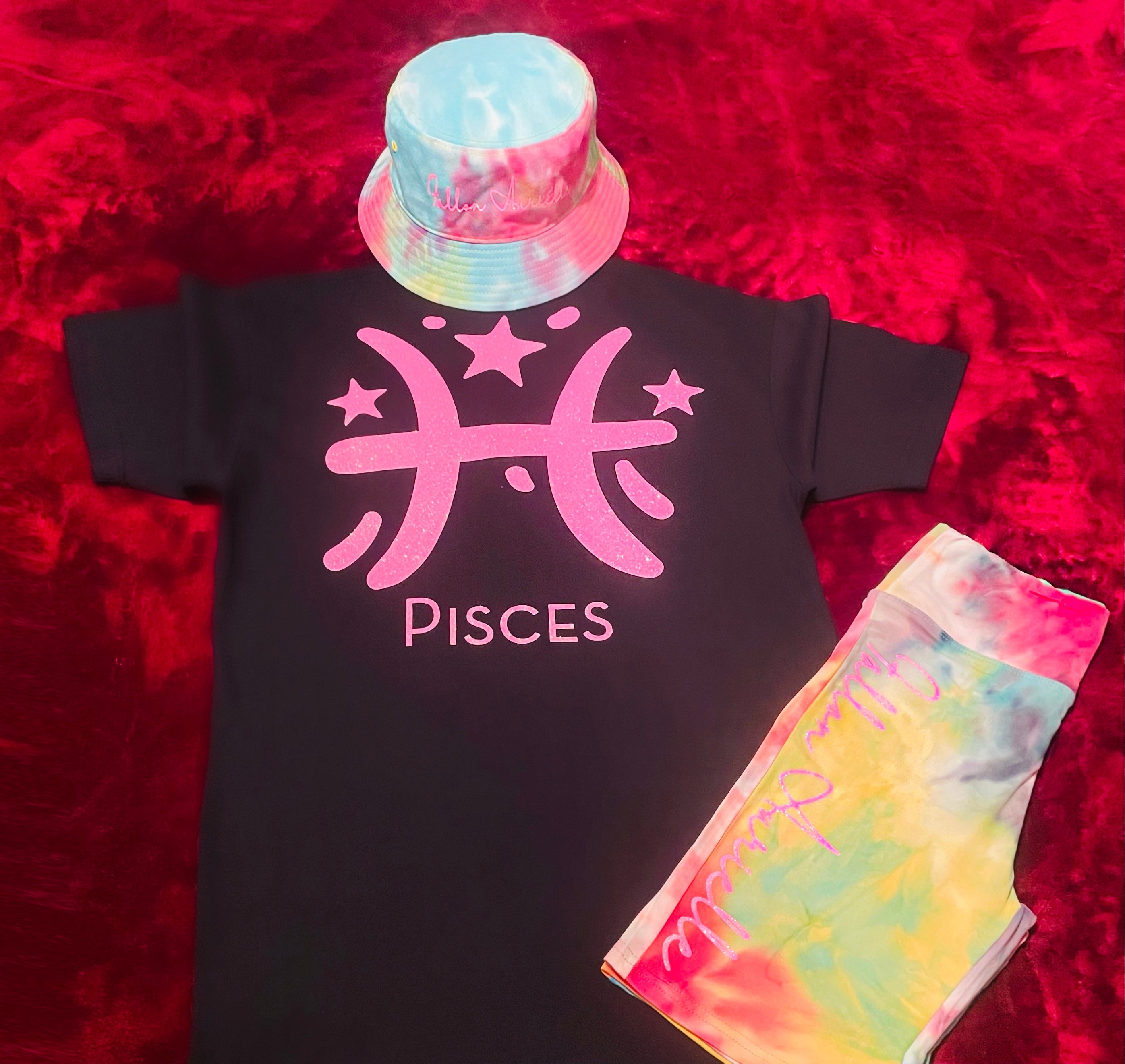 Fallon Aurielle Unisex Signature Pisces Logo & Name Zodiac T-Shirt (Pink Sparkle)