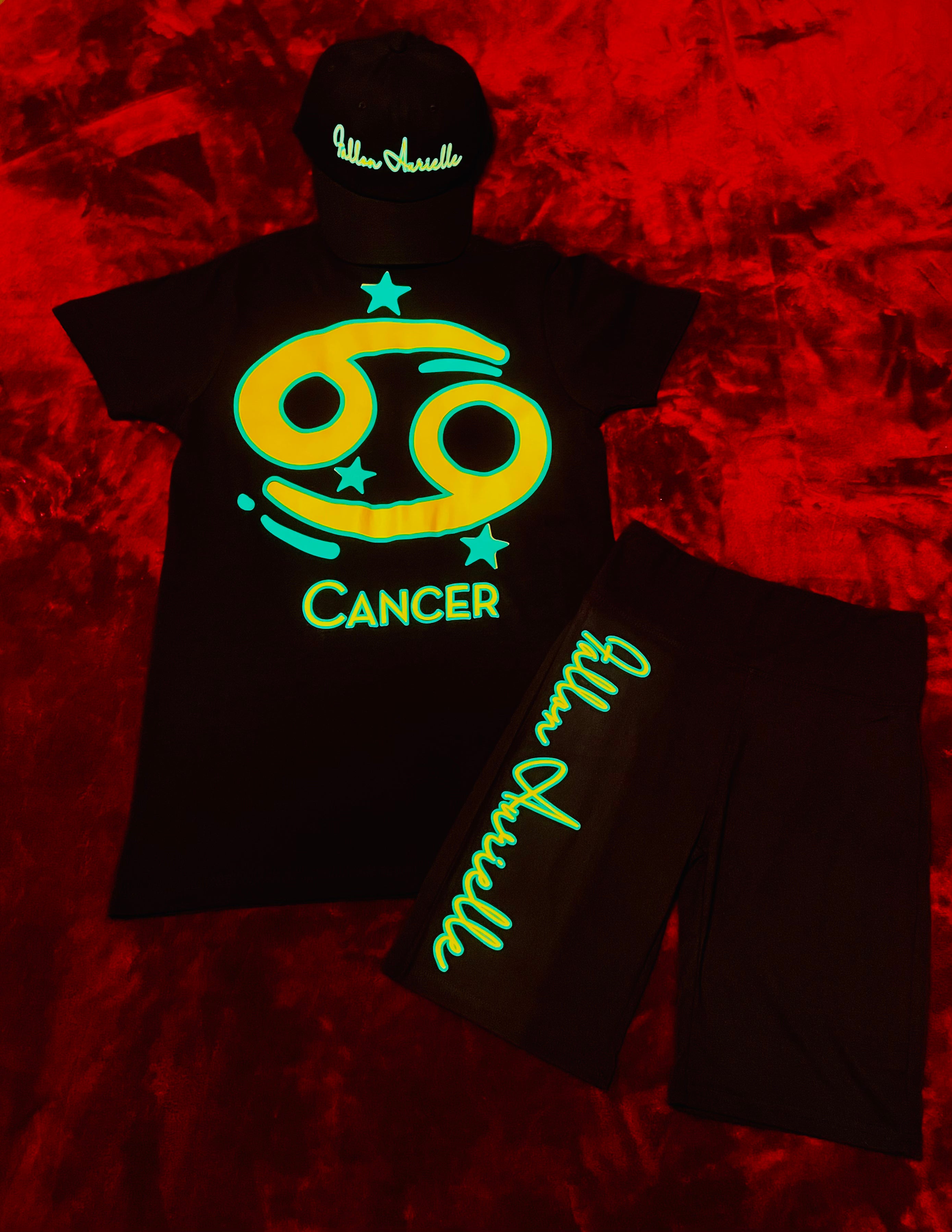 Fallon Aurielle Unisex Signature Cancer Logo & Name Zodiac T-Shirt (Black, Green & Golden Yellow)