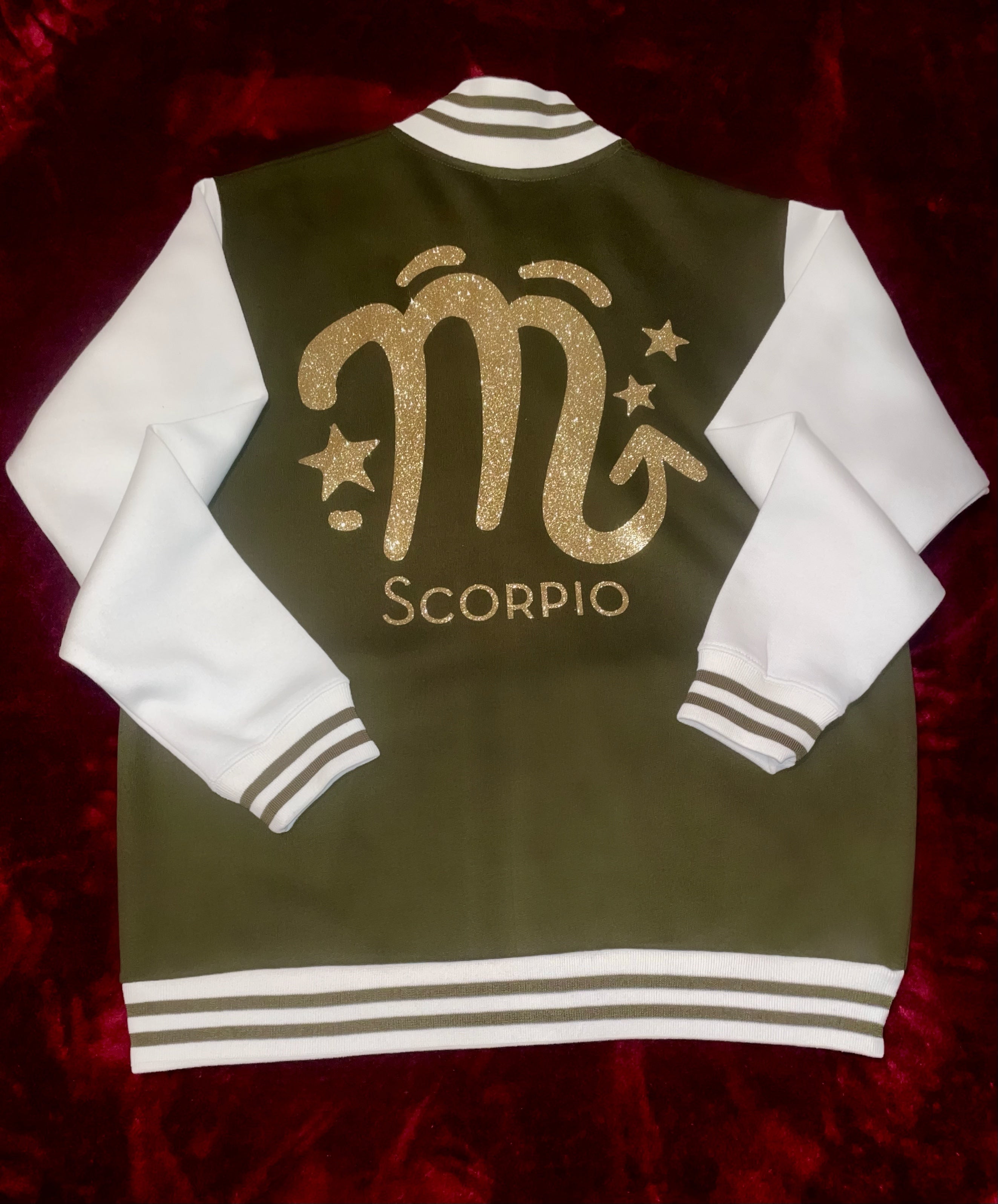 Fallon Aurielle Unisex Signature Scorpio  Logo & Name Zodiac Jacket (Olive Green, Gold & Cream)