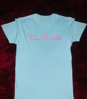 Fallon Aurielle Unisex Signature Virgo Logo & Name Zodiac T-Shirt (Turquoise, Pink Sparkle & White)