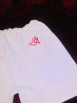 Fallon Aurielle Unisex Signature Detroit Above The Knee Shorts (White & Red Sparkle)