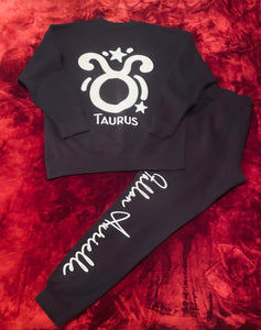 Fallon Aurielle Unisex Signature Taurus Logo & Name Zodiac Jogging Set (Black & White)