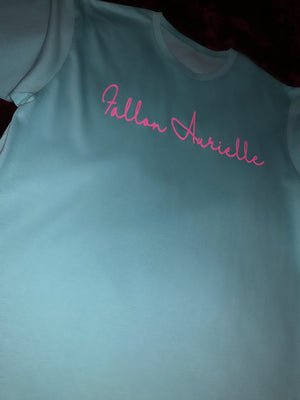 Fallon Aurielle Unisex Signature Virgo Logo & Name Zodiac T-Shirt (Turquoise, Pink Sparkle & White)