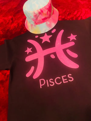 Fallon Aurielle Unisex Signature Pisces Logo & Name Zodiac T-Shirt (Pink Sparkle)