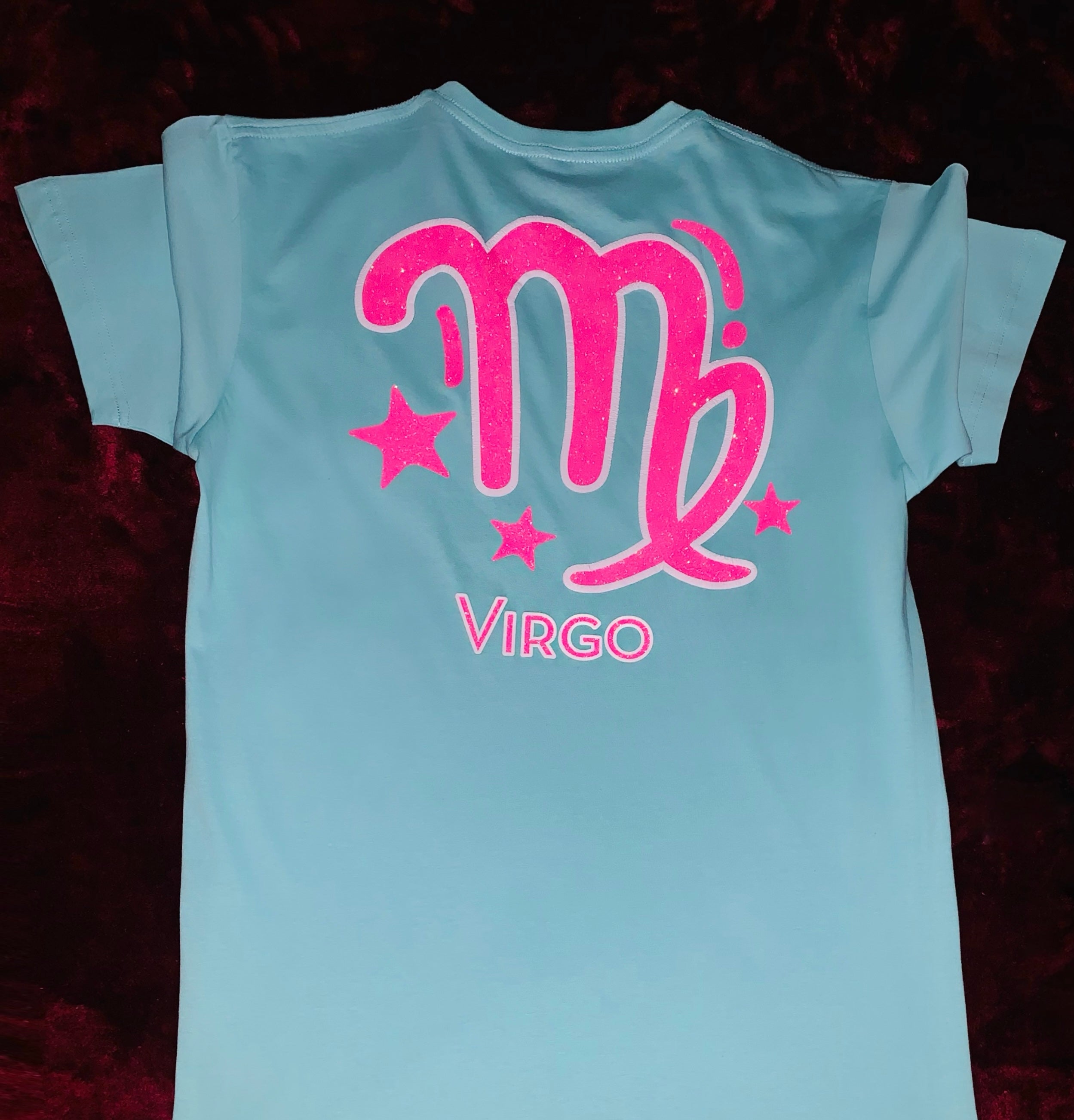 Fallon Aurielle Unisex Signature Virgo Logo & Name Zodiac T-Shirt (Turquoise, Pink Sparkle & White)