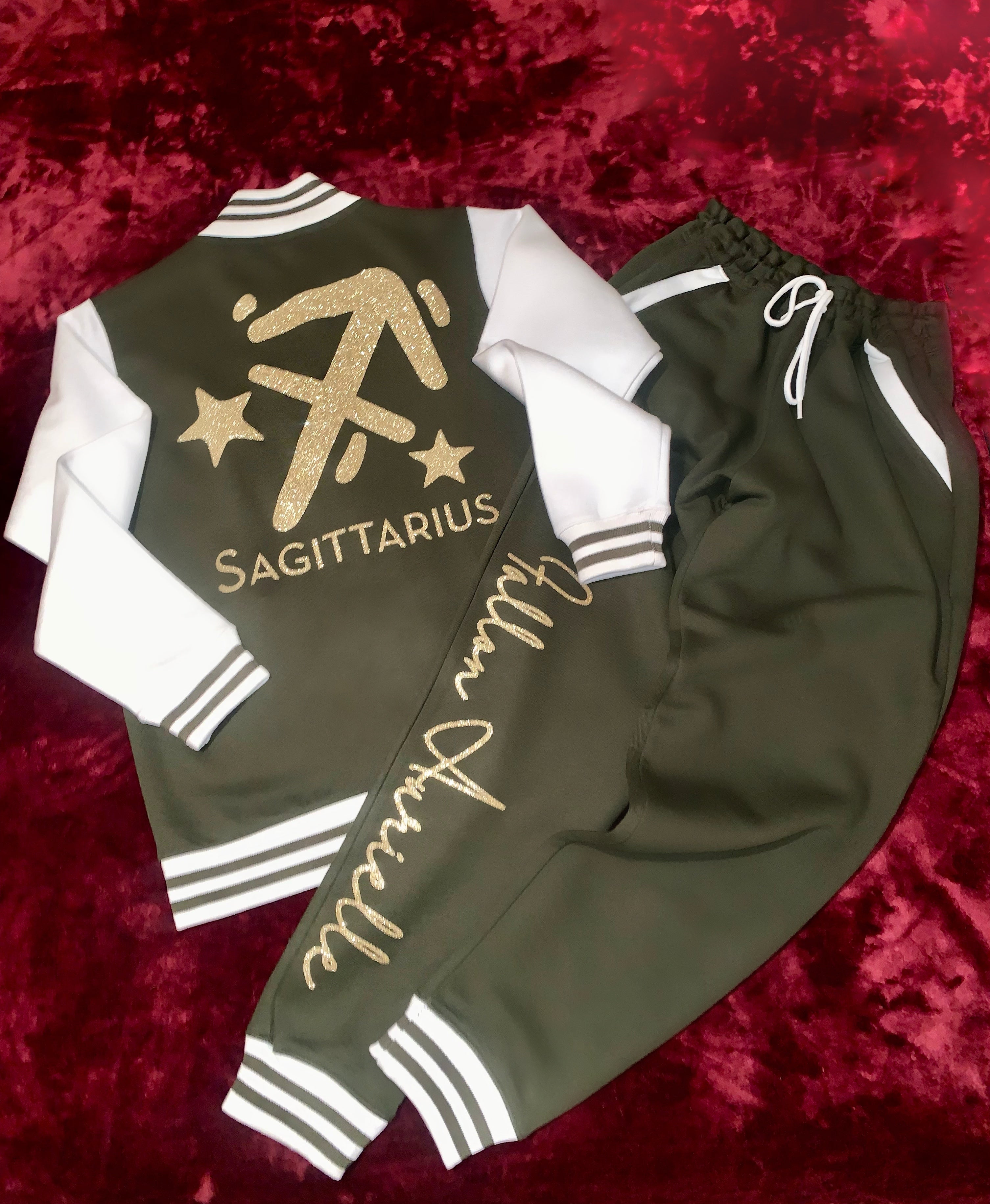 Fallon Aurielle Unisex Signature Sagittarius Logo & Name Zodiac Jacket Jogging Set (Olive Green, Gold & Cream)