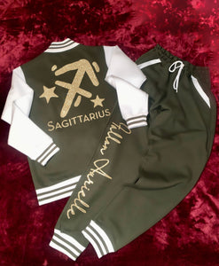 Fallon Aurielle Unisex Signature Sagittarius Logo & Name Zodiac Jacket Jogging Set (Olive Green, Gold & Cream)