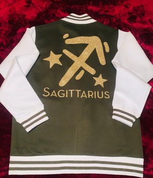 Fallon Aurielle Unisex Signature Sagittarius Logo & Name Zodiac Jacket Jogging Set (Olive Green, Gold & Cream)