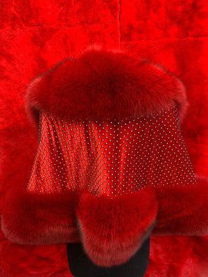 Fallon Aurielle Fox Fur Crystal Shawl (Navy Blue, Red & Black)
