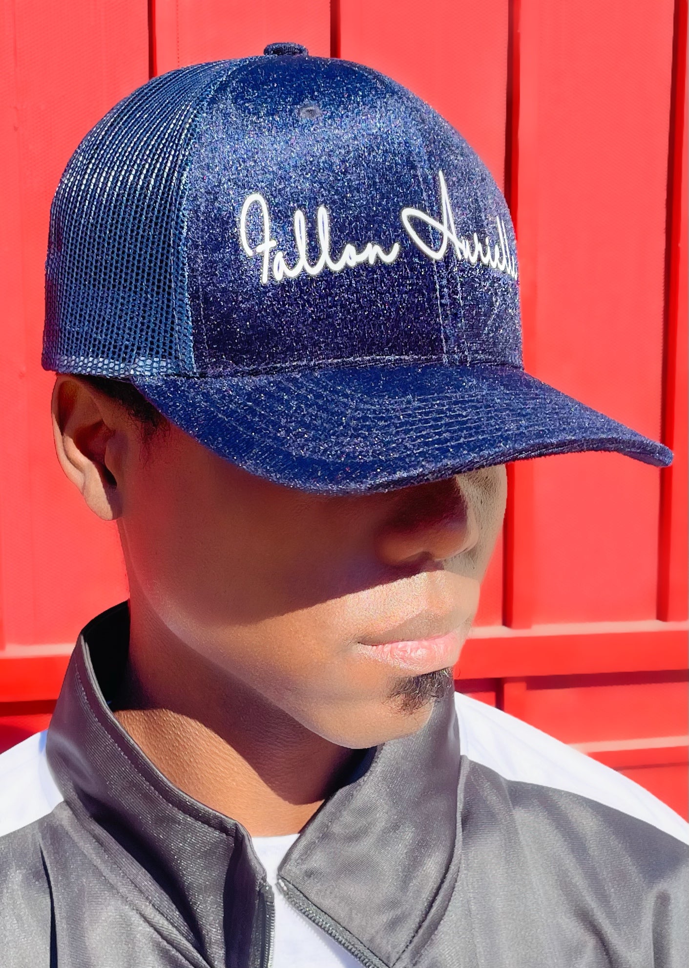 Fallon Aurielle Signature Velvet Trucker Snapback Hat (Navy Blue & White)