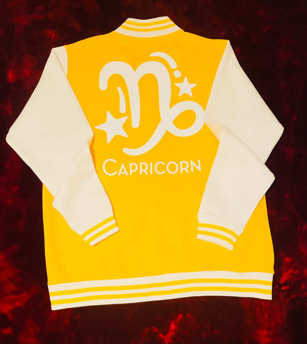 Fallon Aurielle Unisex Signature Capricorn Logo & Name Zodiac Jacket (Mustard Yellow & White)