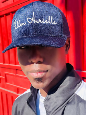 Fallon Aurielle Signature Velvet Trucker Snapback Hat (Navy Blue & White)