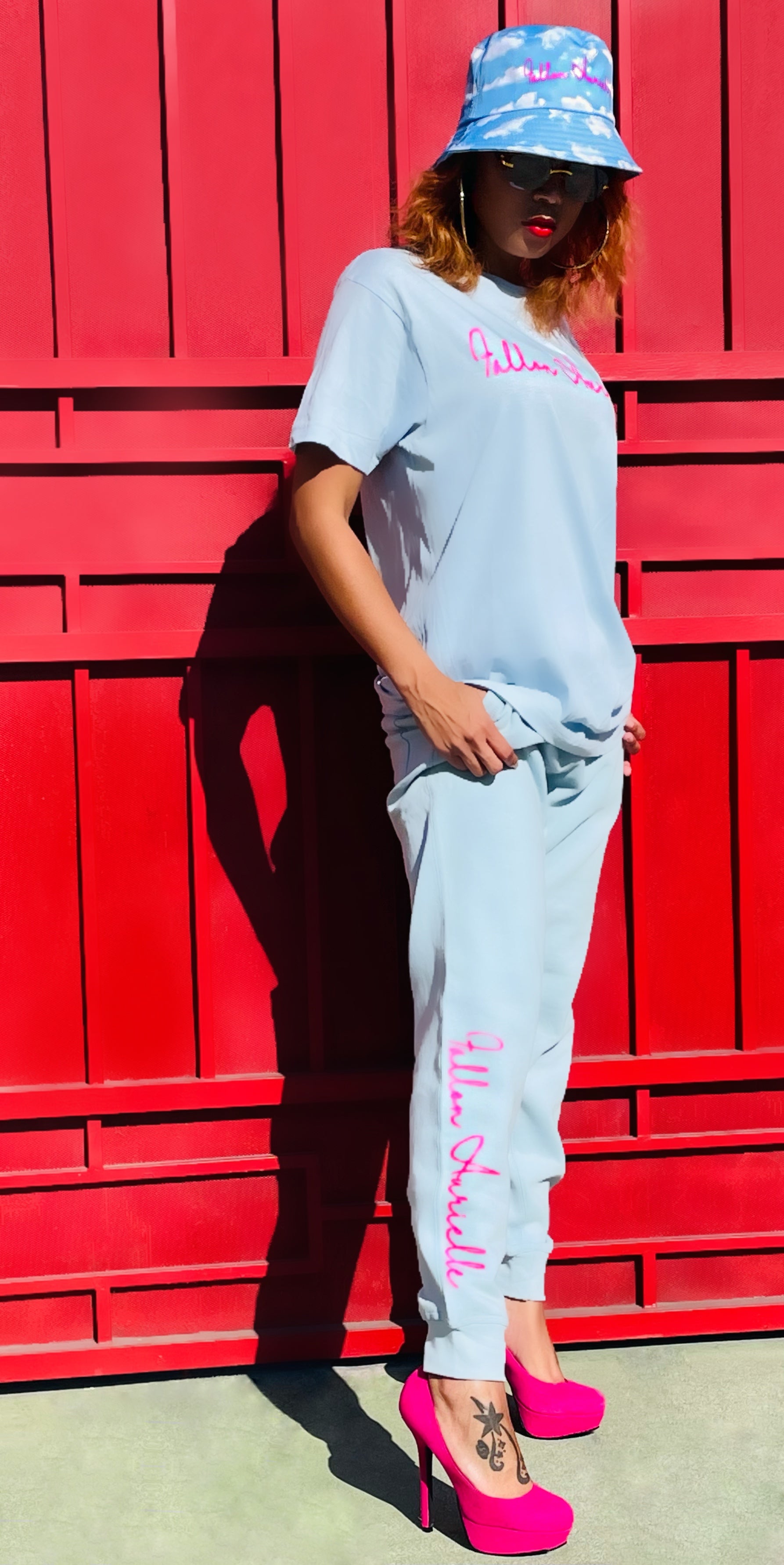 Fallon Aurielle Unisex Signature T-Shirt (Powder Blue & Neon Pink)